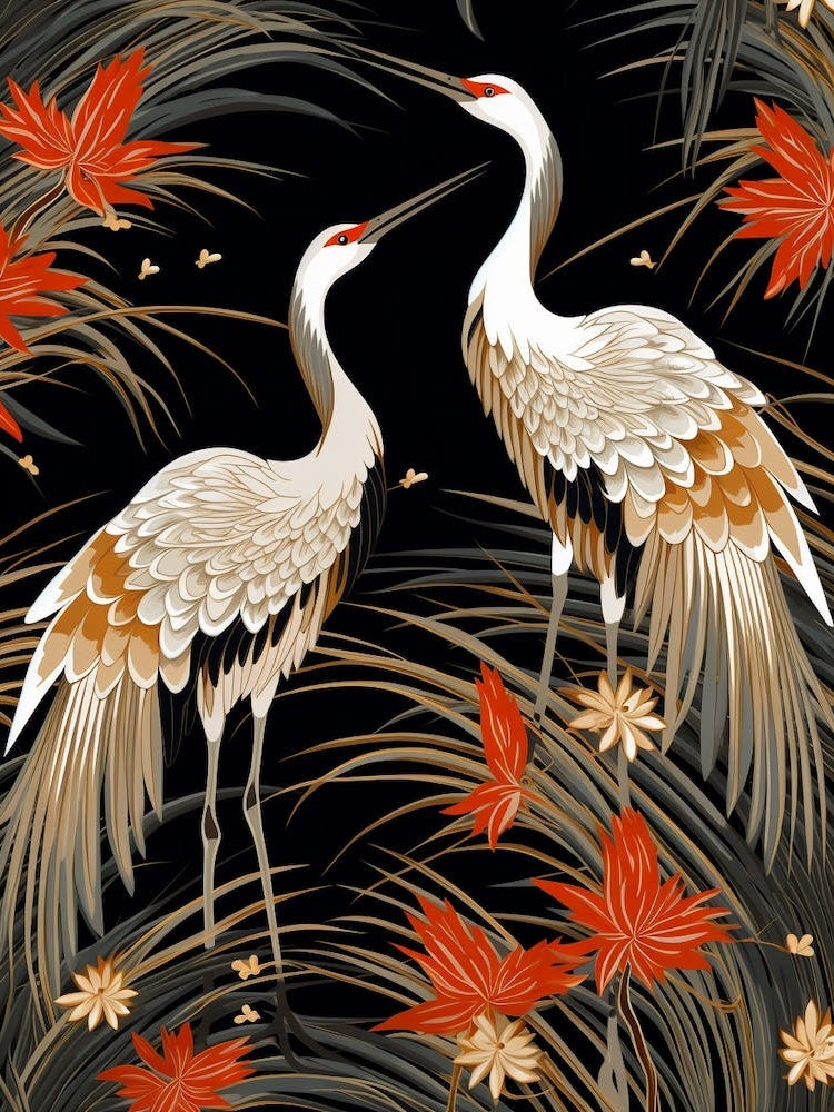 Black And Red Cranes 1 Vintage Japanese Botanical