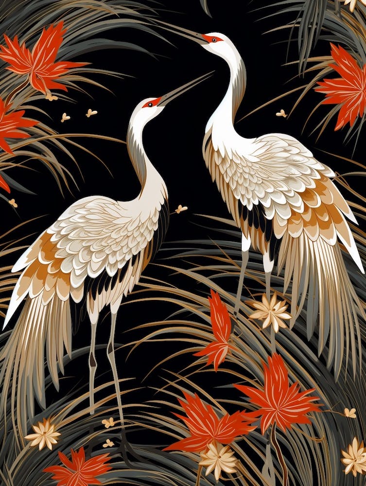 Black And Red Cranes 1 Vintage Japanese Botanical