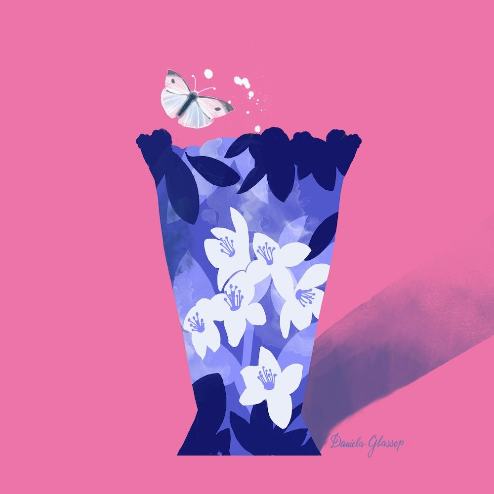 Blue And White Floral Vase On Pink Square