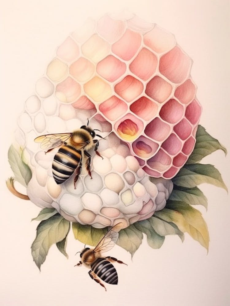 Beehive With Camellia Watercolour Illustration 1
