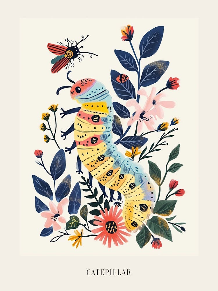 Colourful Insect Illustration Catepillar 7 Poster