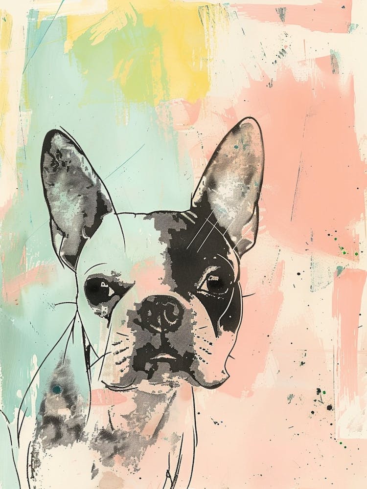 Boston Terrier Dog Pastel Line Watercolour Illustration  3