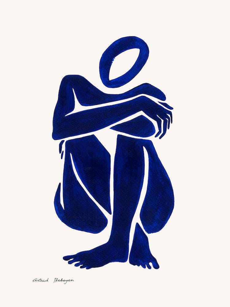 Minimal Blue Female Nude Crouching Front 