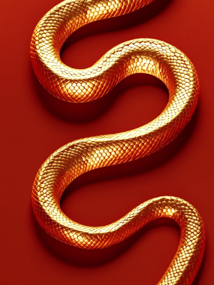 A Golden Snake On An Isolated Red Background