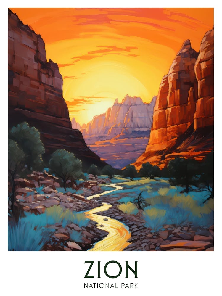 Zion, Nationalpark Maximalistisches Reiseposter Lebendige Farbe