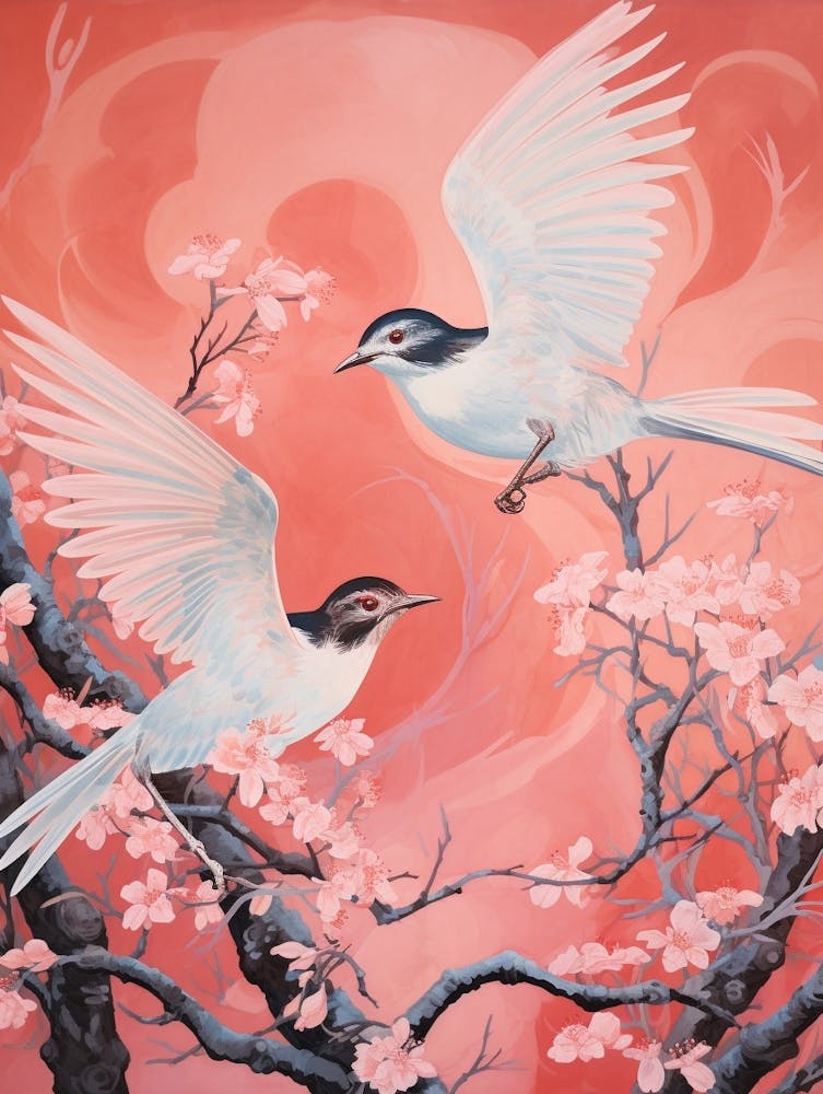 Vintage Japanese Inspired Bird Print Mockingbird 2