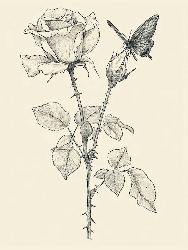 English Rose Butterfly Line Drawing 4