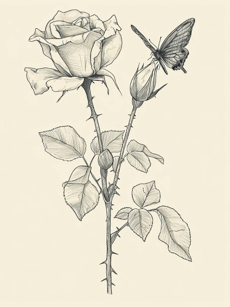 English Rose Butterfly Line Drawing 4