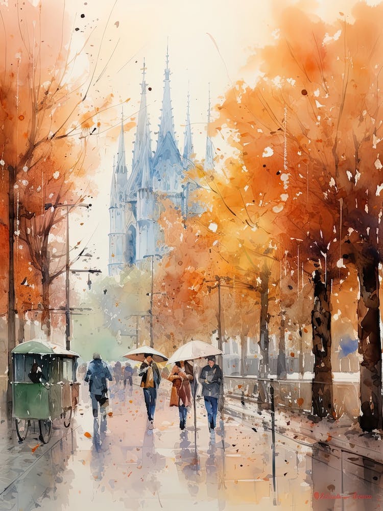 Milan Italy In Autumn Fall, Watercolour 1
