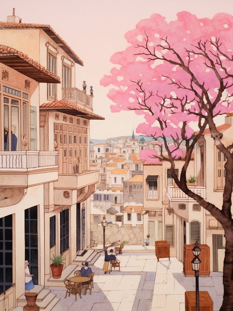 Izmir Turkey 2 Vintage Pink Travel Illustration