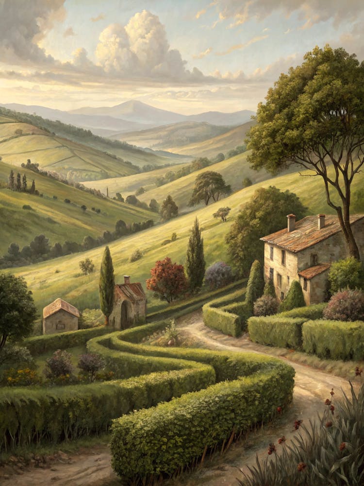 Oil Painting Style Old World Hills With Fields