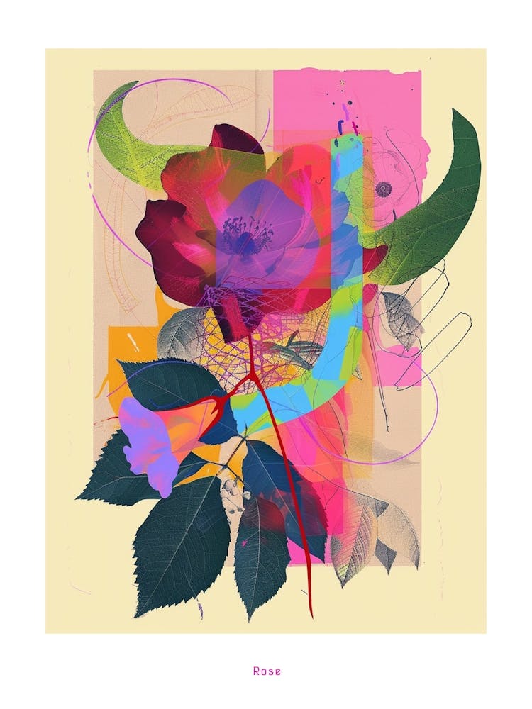 Rose 1 Neon Flower Collage Poster