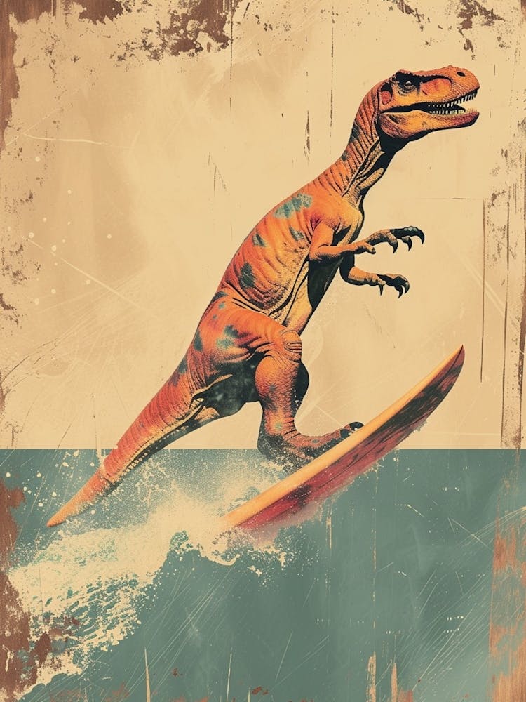 Vintage Edmontosaurus Dinosaur On A Surf Board  1