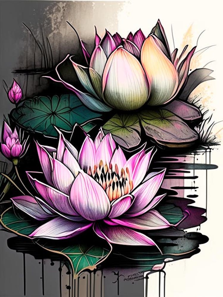 Lotus Flowers In Garden Graffiti 4