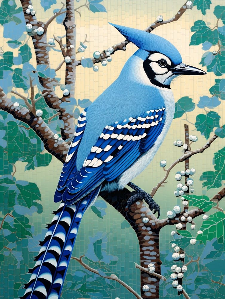 Peinture d'Oiseau Inspirée d'Ohara Koson Geai Bleu 4