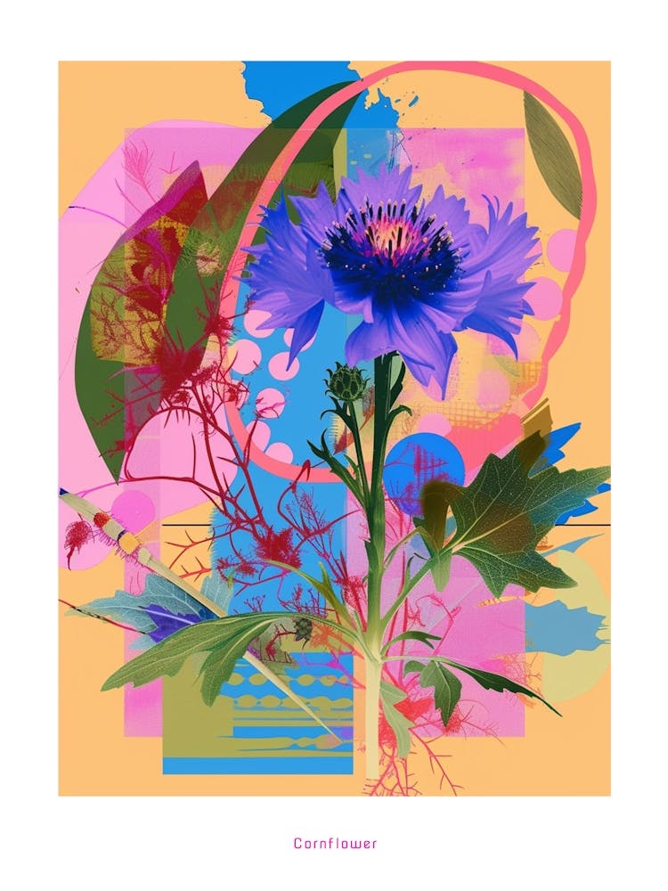 Cornflower (Bachelor S Button) 3 Neon Flower Collage Poster