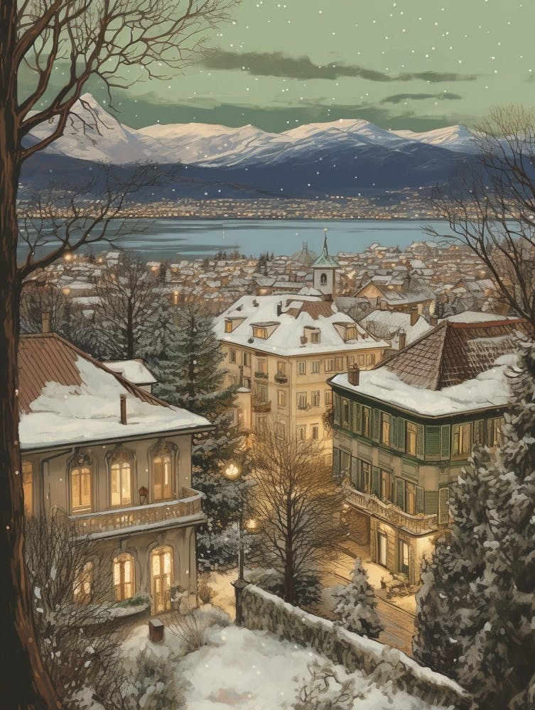 Vintage Winter Illustration Geneva Switzerland 4
