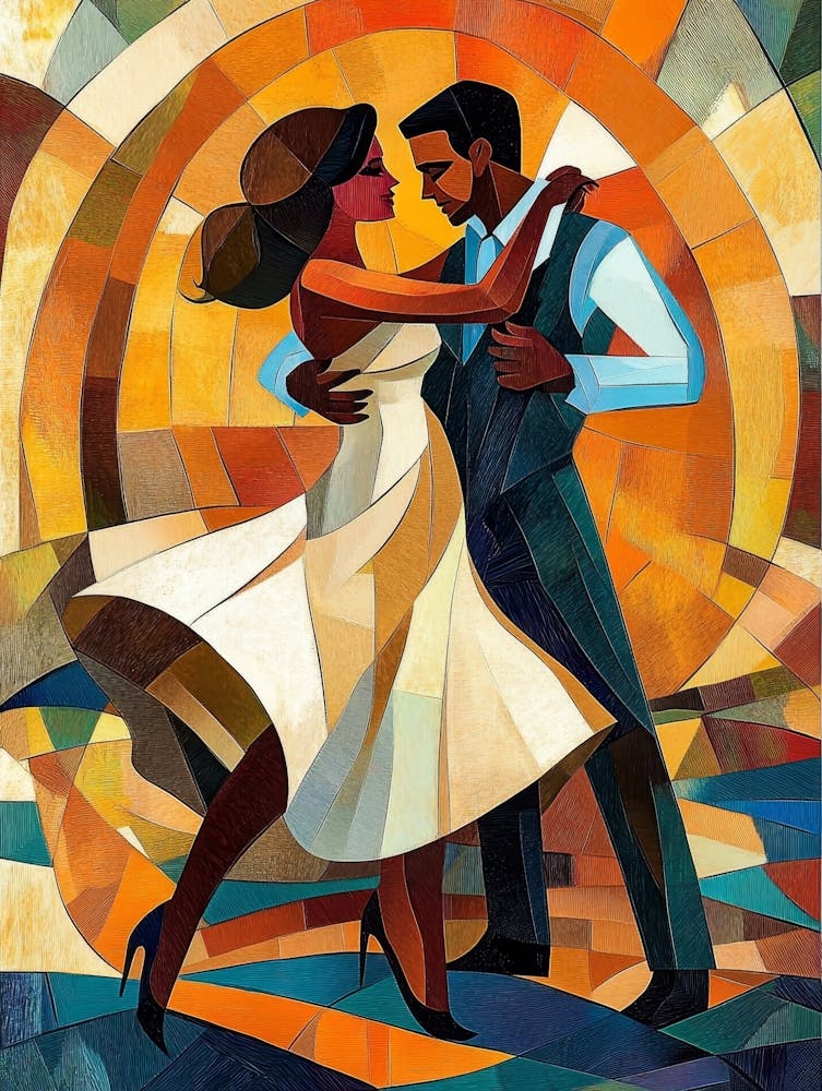 Latin American Hispanic Male And Female Couple Dancing The Ballroom Calypso Dance Shown In An Abstract Cubist