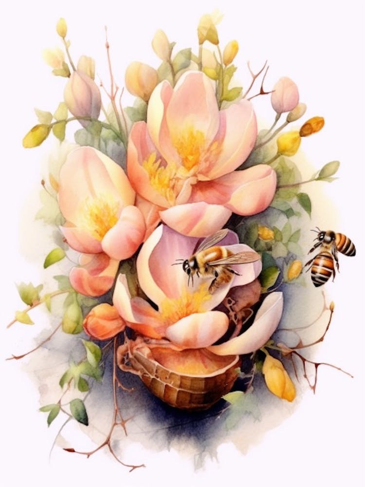 Beehive With Freesia Watercolour Illustration 1