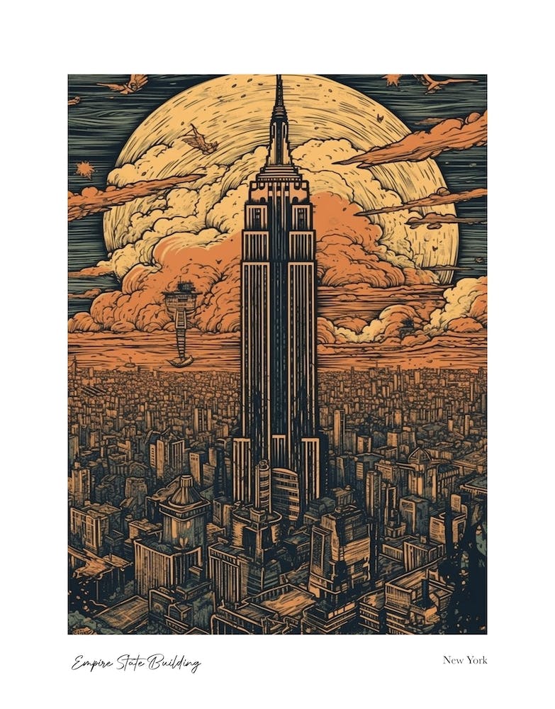 Empire State Building  New York Woodblock 2 Watercolour Travel Poster