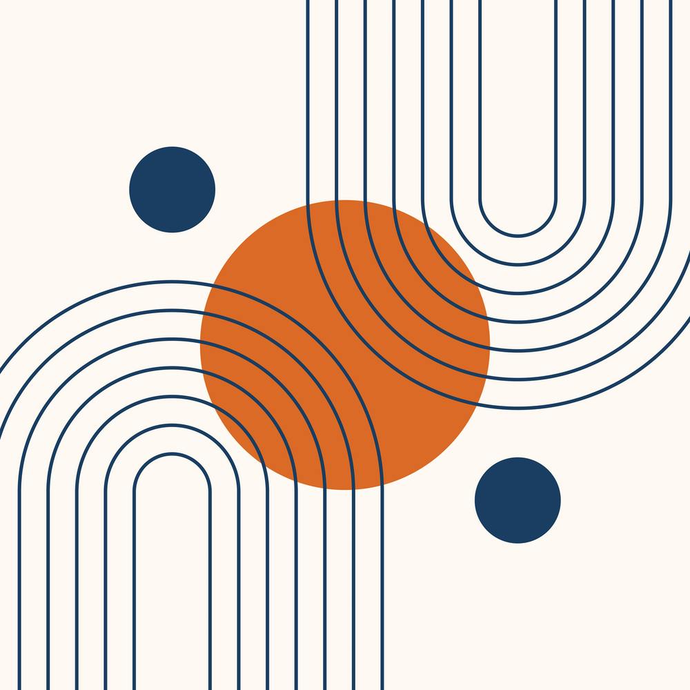 Mid Century Modern Geometrisch in edlem Marineblau gebranntem Orange (Regenbogen- und Sonnen-Abstraktes Design) 1
