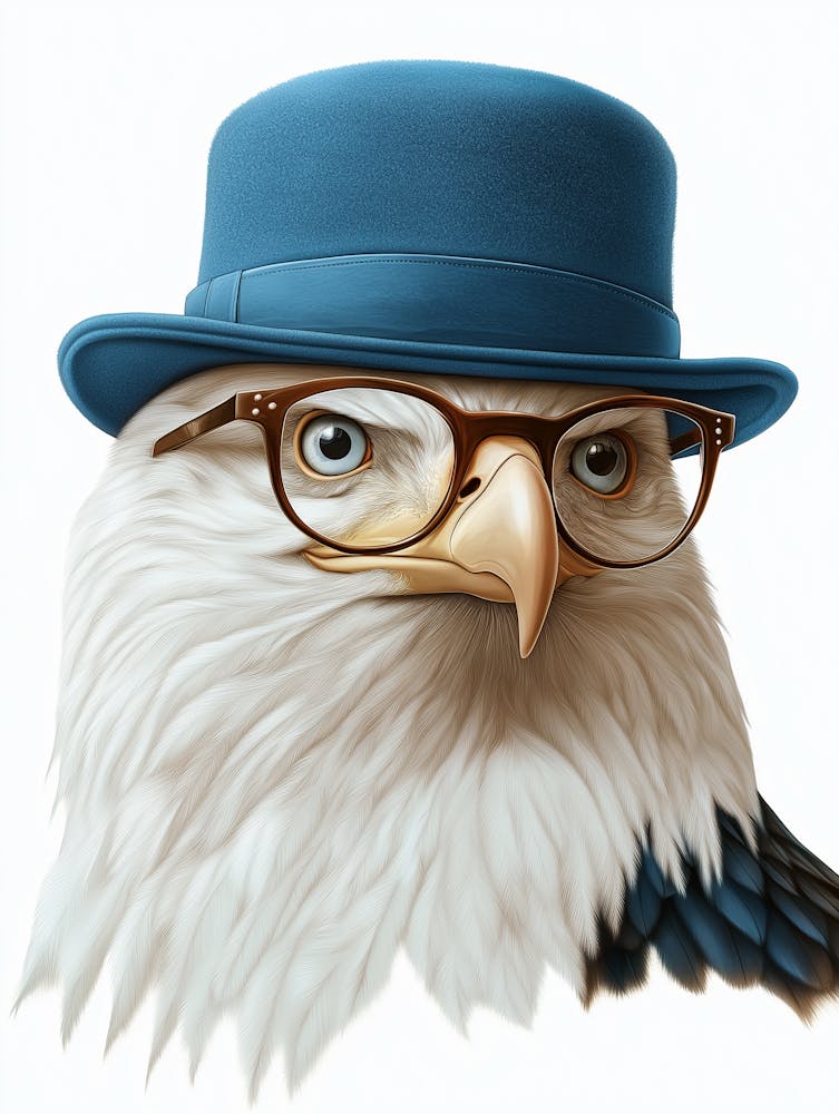 A Bald Eagle Wearing A Blue Bowler Hat And Glasses