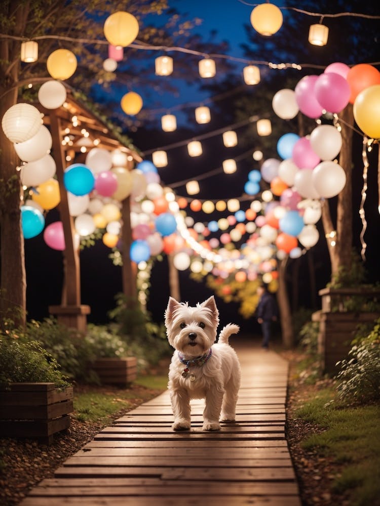 Westie unter Ballons stehend