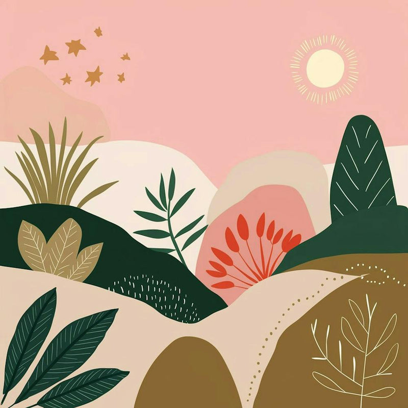 Pastel Pink Boho Landscapes with Vibrant Botanical Details