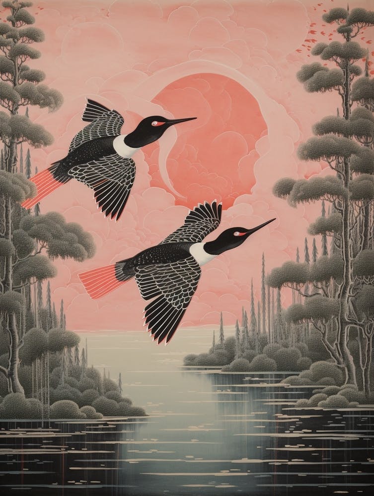 Impression d'oiseau d'inspiration japonaise vintage Plongeon 1
