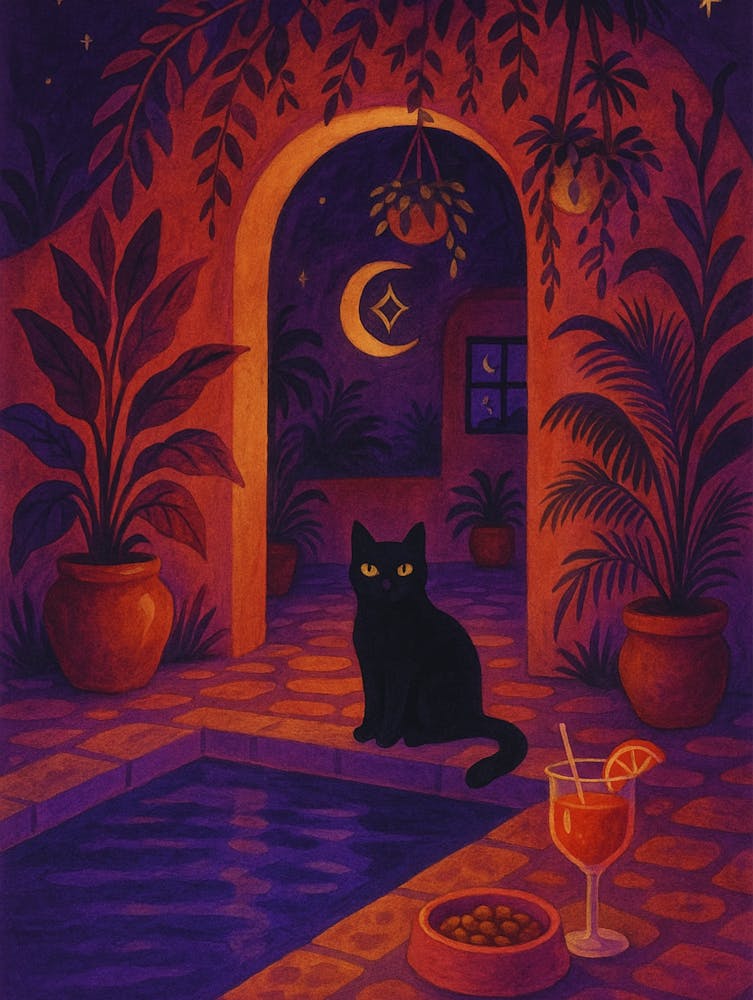 Black Cat Poster – Moon Garden Pool Night Mystical Wall Art