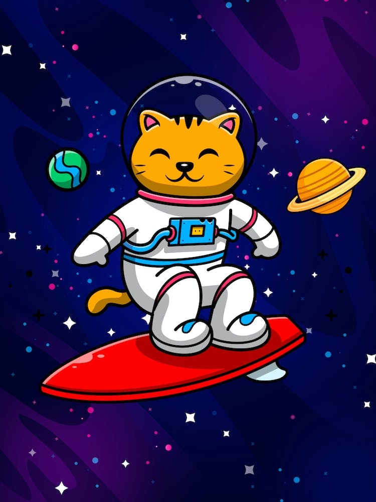 Cat Astronaut surfer, space surf cat, space surfer — space poster, synthwave space, neon space, aesthetic poster