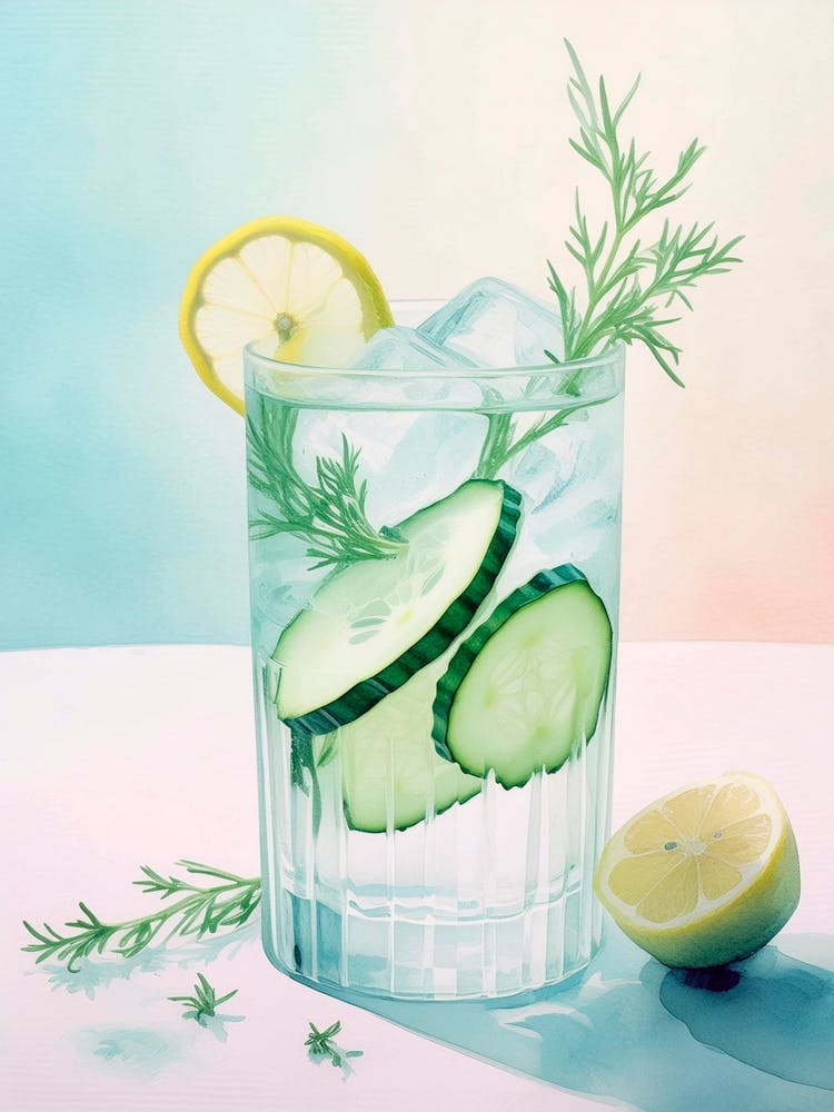 Delicious Cocktail With Cucumber, Gin, Tonic, Lemon And Juniper Sprigs