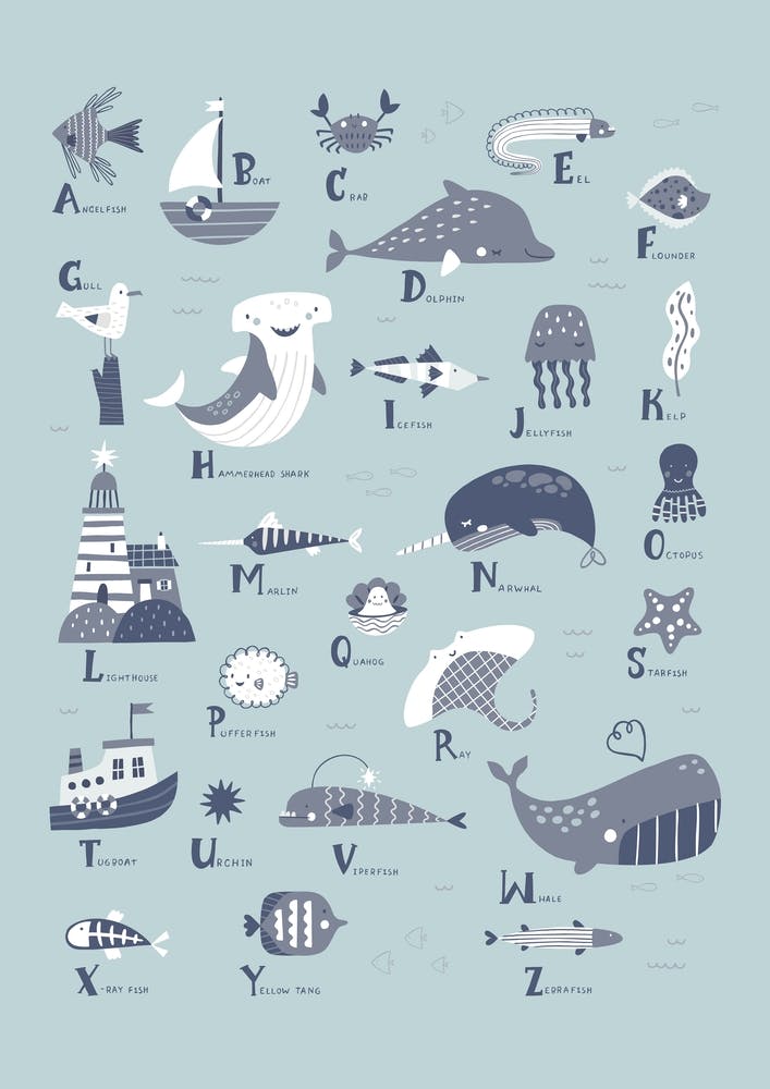 Ocean Sealife Alphabet Blue