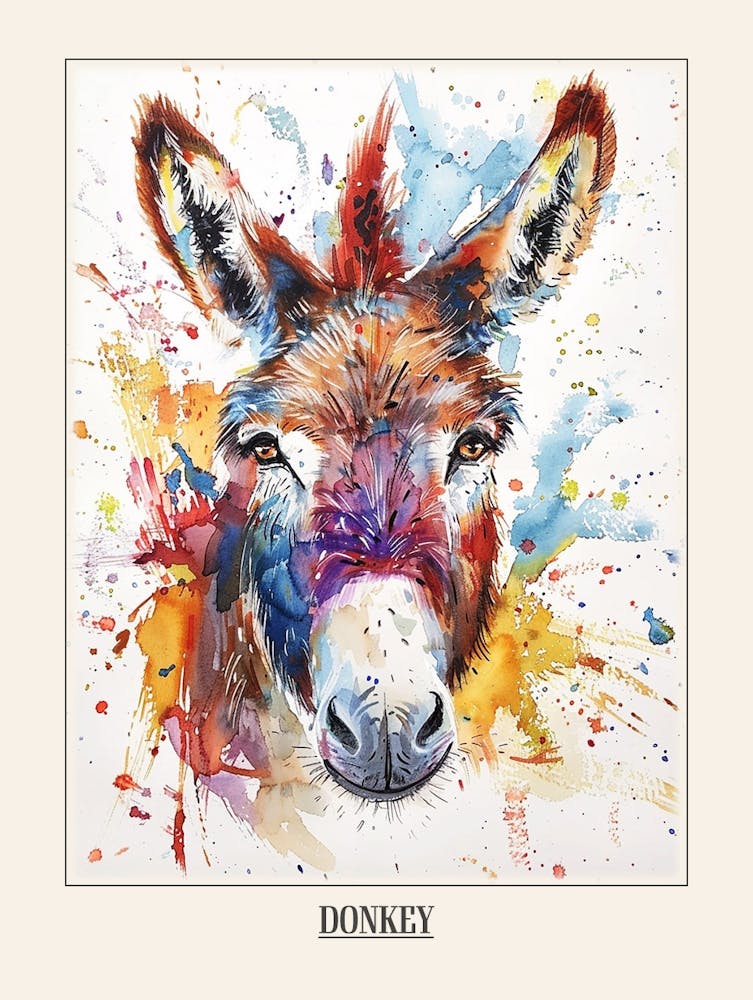 Donkey Colourful Watercolour 3 Poster