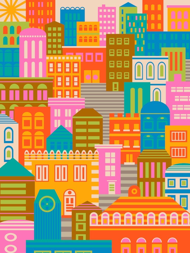 CITY LIGHTS BY DAY Vintage Travel Poster Portrait Layout with Geometric Architecture Buildings in Bright Rainbow Colours Orange Yellow Pink Green Blue Brown Cream on Cream