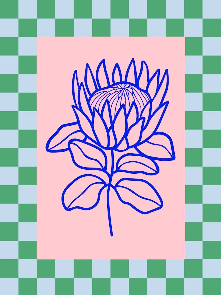 Modern Checkered Flower Poster Blue & Pink 8