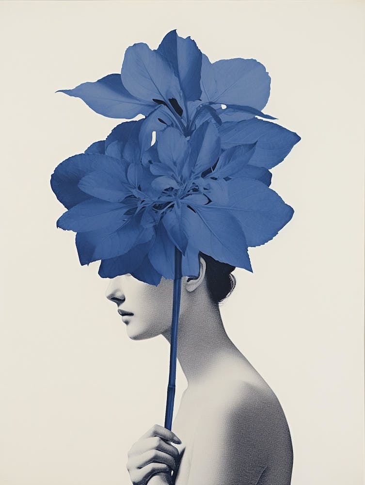 Woman With Hydrangea Blue Botanical Illustration