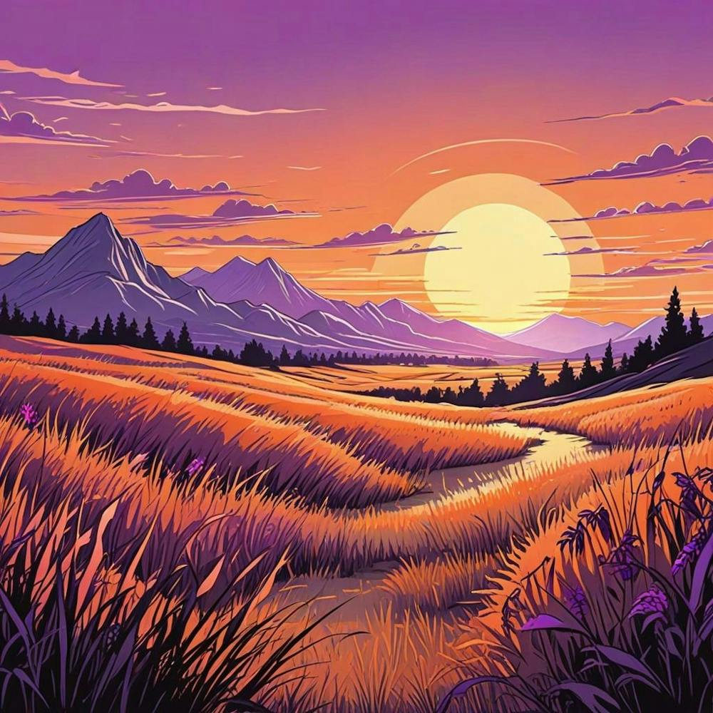Summer Landscape Sunset In The Desert Cartoon Style Sunset Landscape With Grass Field And Trees (1)