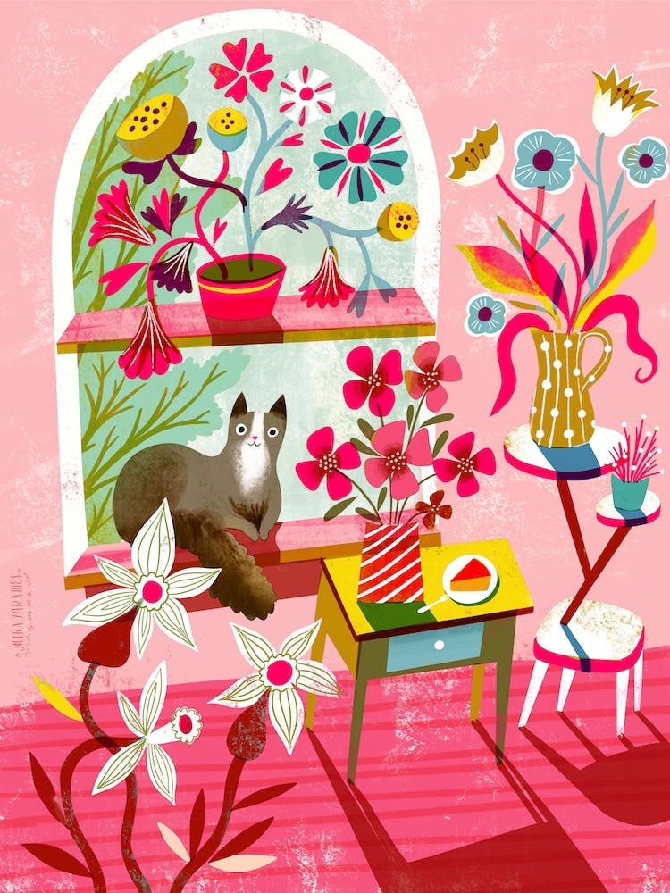 Pink Room With Plants And Cat