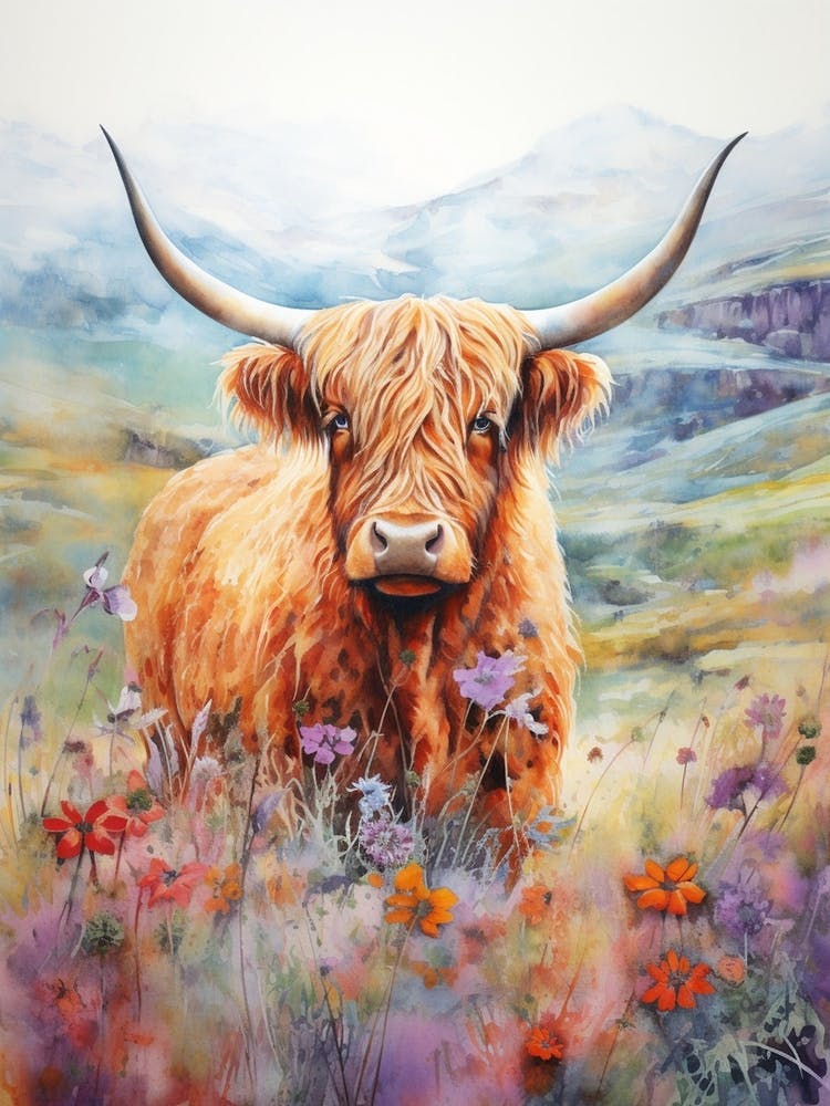 Colourful Highland Cow In The Wildflower Field  4