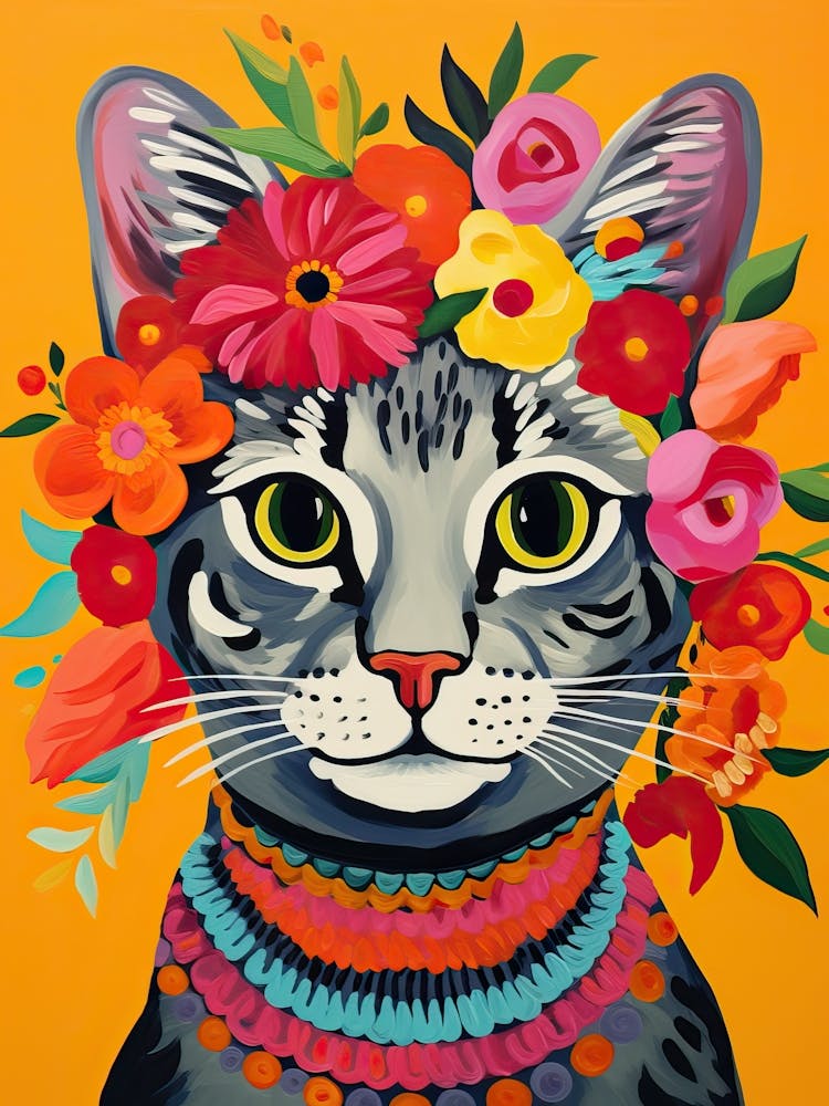 Ägyptische Katze mit einer Blumenkrone Gemälde Matisse-Stil 2