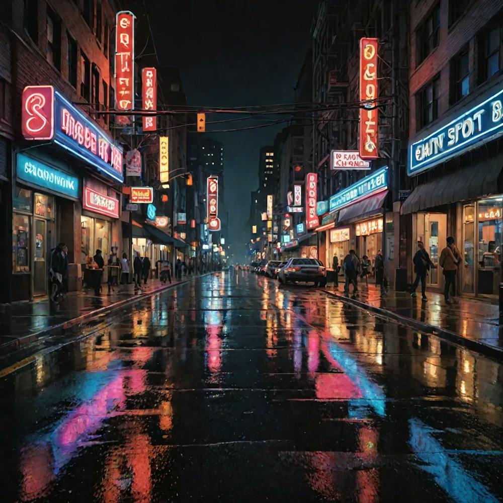A Bustling City Street At Night With Neon Signs Wet Pavement Reflecting Lights And Detailed Architec 4010192840
