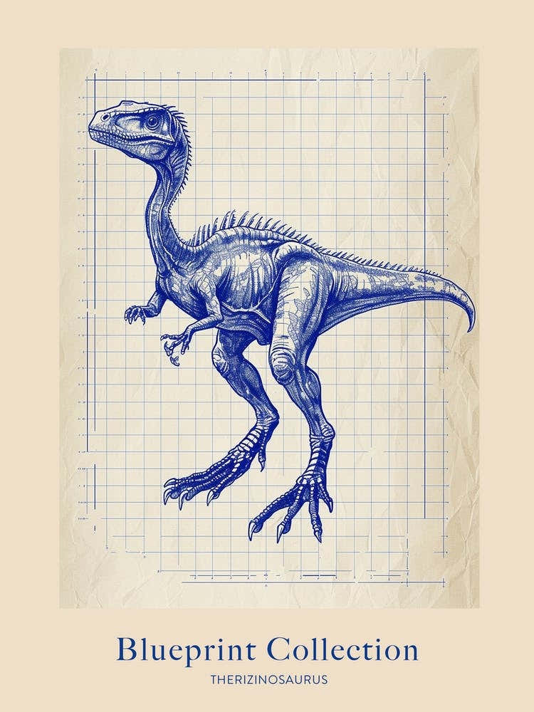 Therizinosaurus Dinosaur Blue Print Style Poster