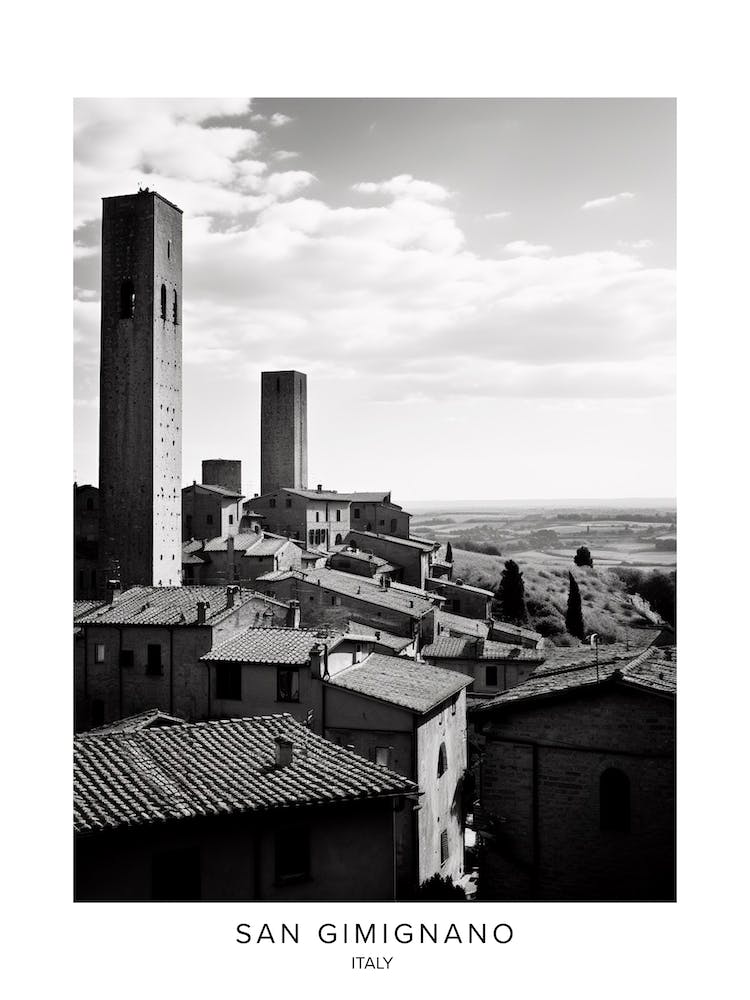 Poster Of San Gimignano, Italy, Black And White Analogue Photography 1