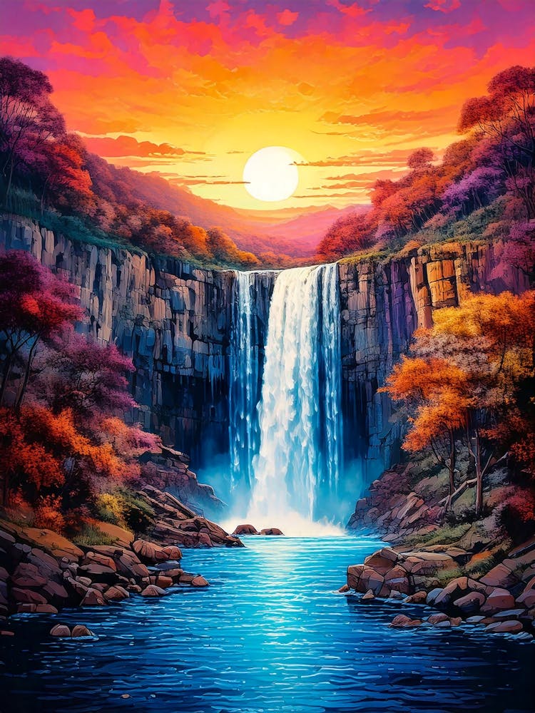 Waterfall At Sunset