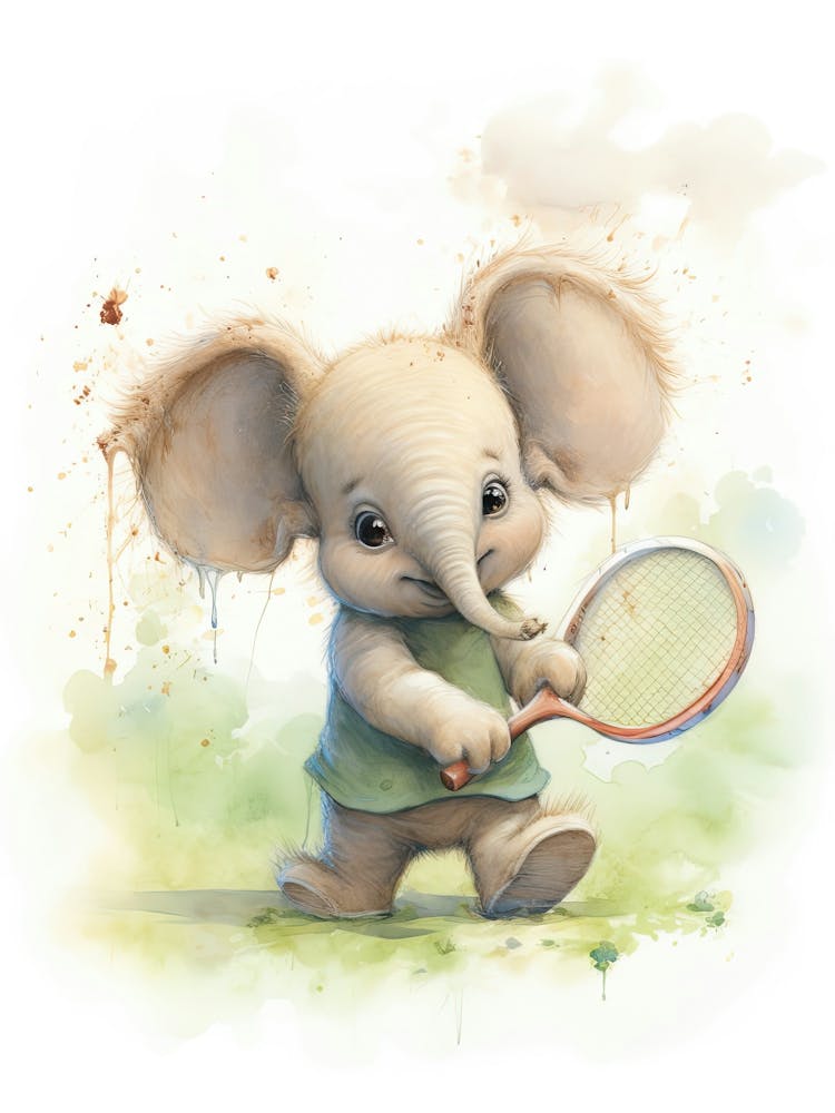 Elephant Painting Playing Tennis Watercolour 4