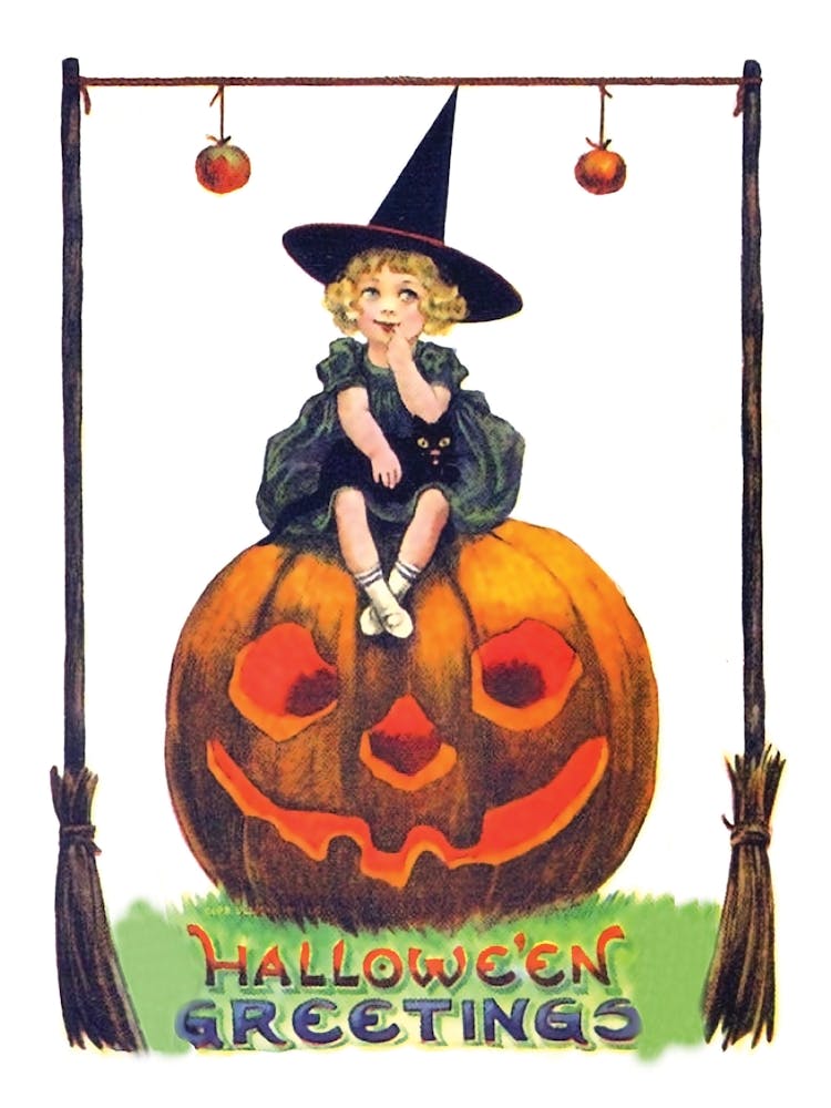 Little Witch Girl On A Big Pumpkin Looking At Apples Hunging In Fornt Of Her