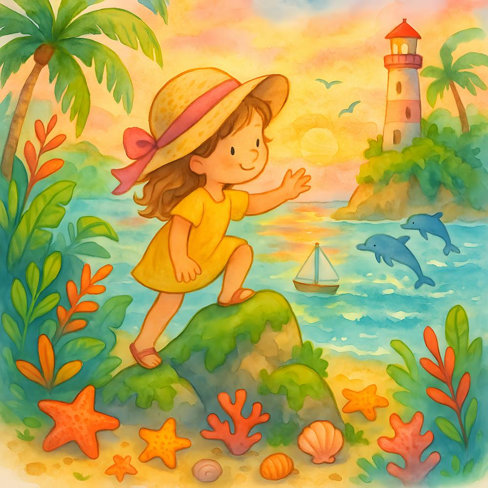 Cute Beach Girl Illustration With Dolphins And Lighthouse Summer Ocean