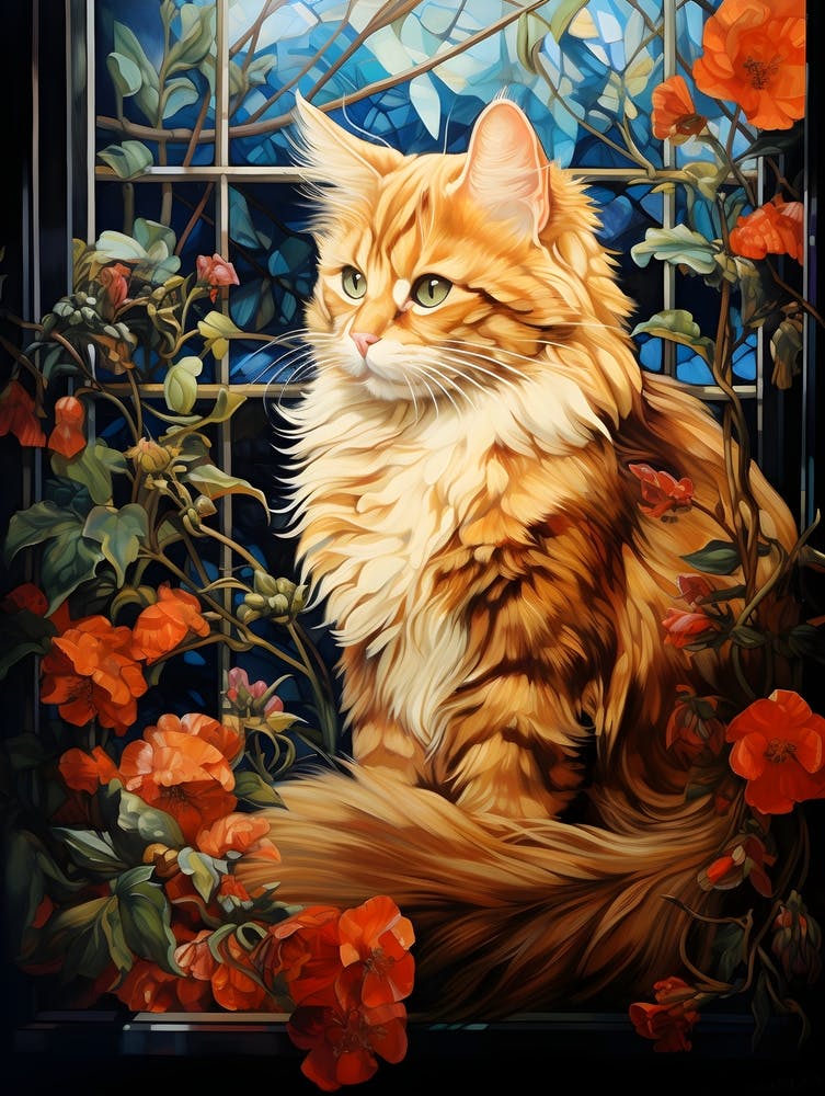 Contemporary Floral Cat On Windowsill 3