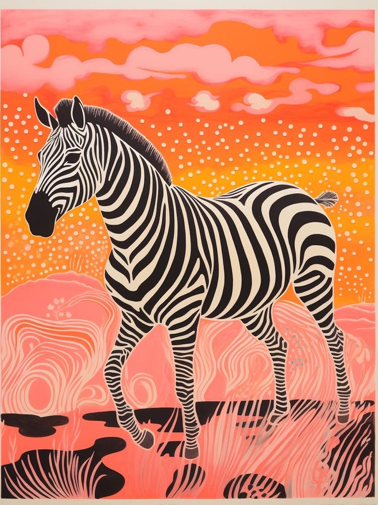 Zebra Running Linocut Inspired  1